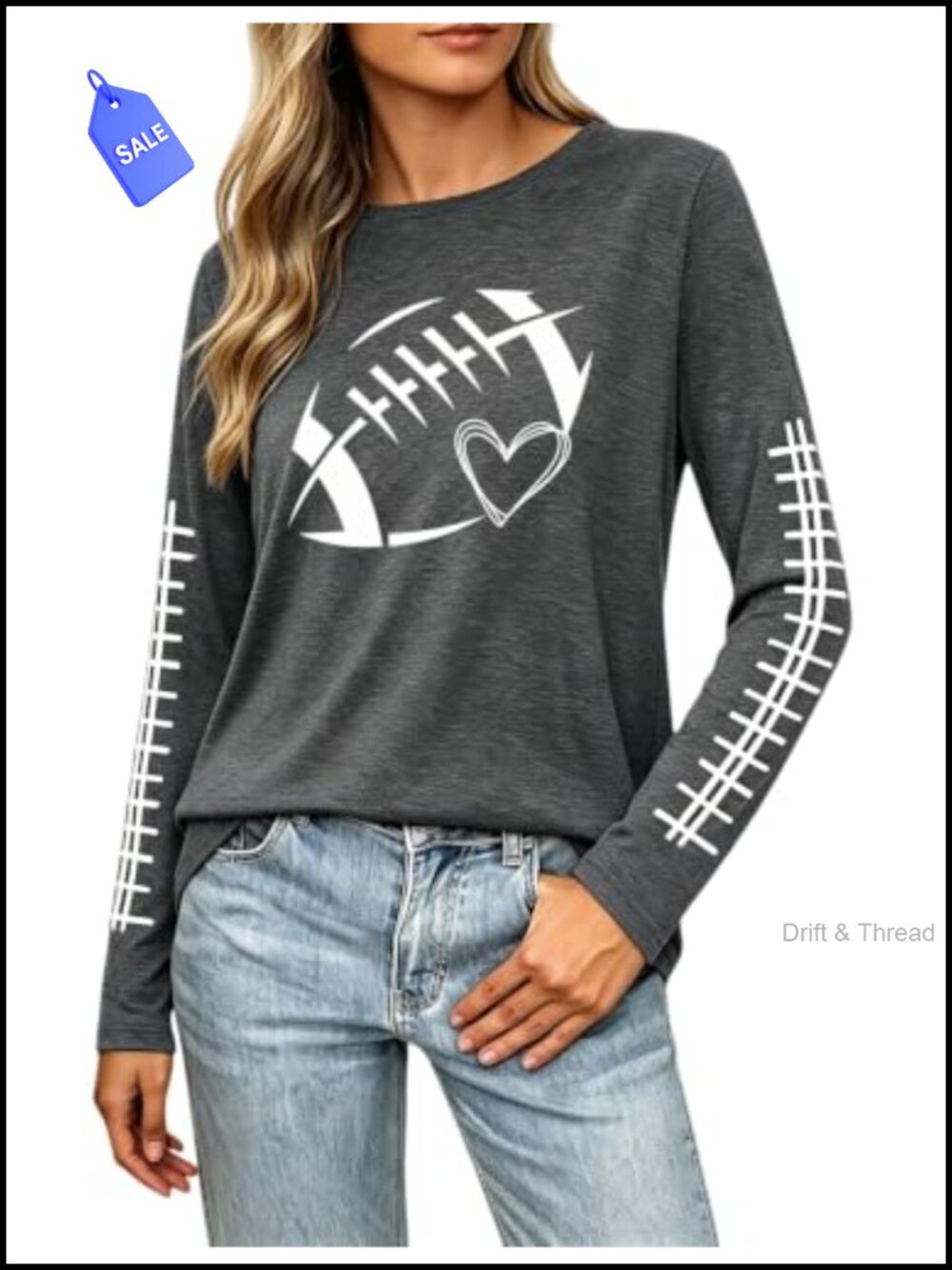 Women's Game Day Football Long Sleeve Tee Rayon Heart Print Top